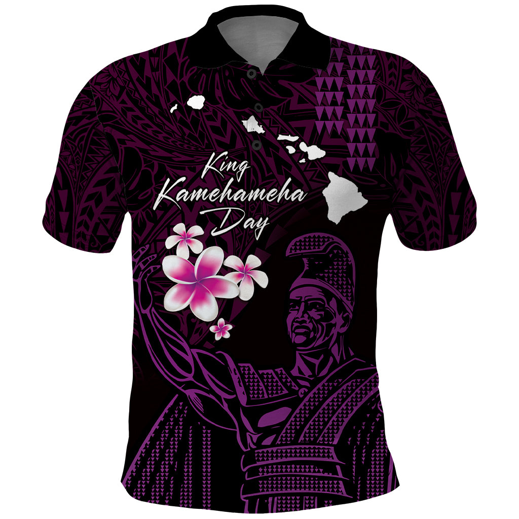 Personalised Hawaii King Kamehameha Day Polo Shirt Plumeria With Kakau Pattern - Purple