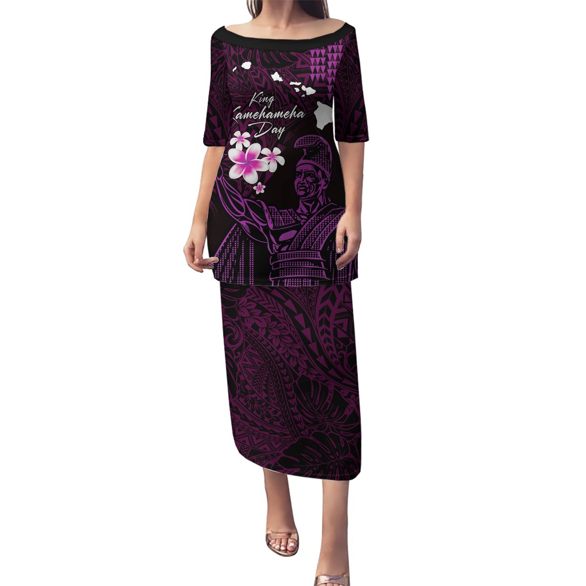 Personalised Hawaii King Kamehameha Day Puletasi Plumeria With Kakau Pattern - Purple LT14 Long Dress Purple - Polynesian Pride