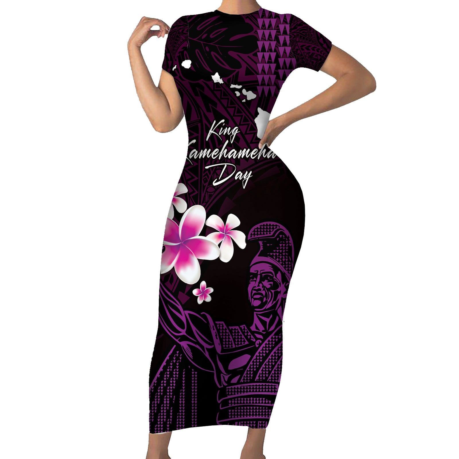 Personalised Hawaii King Kamehameha Day Short Sleeve Bodycon Dress Plumeria With Kakau Pattern - Purple LT14 Long Dress Purple - Polynesian Pride