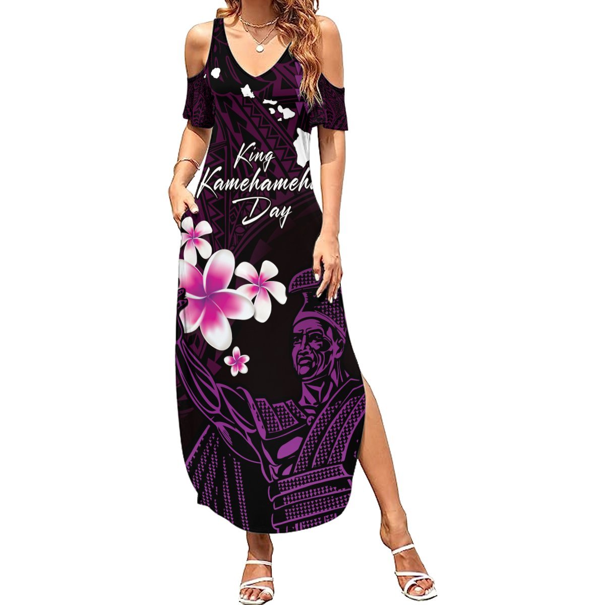 Personalised Hawaii King Kamehameha Day Summer Maxi Dress Plumeria With Kakau Pattern - Purple LT14 Women Purple - Polynesian Pride
