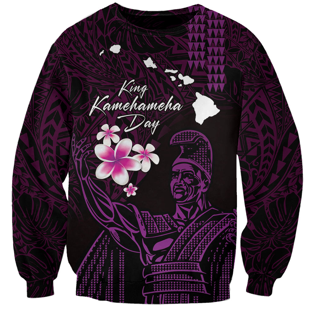 Personalised Hawaii King Kamehameha Day Sweatshirt Plumeria With Kakau Pattern - Purple LT14 Unisex Purple - Polynesian Pride
