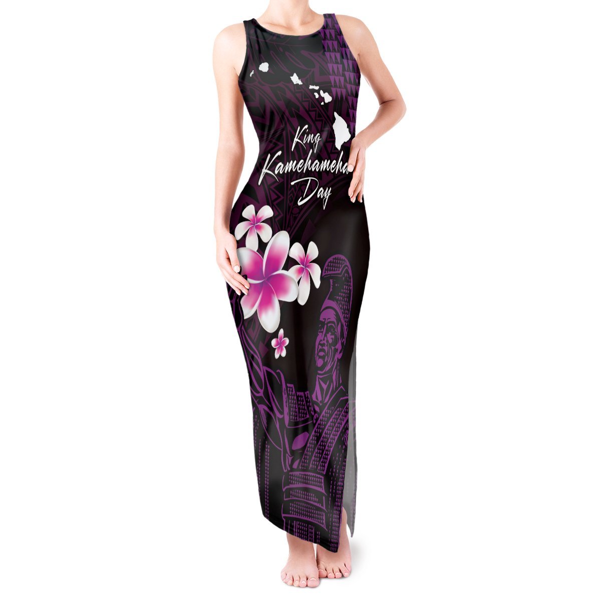 Personalised Hawaii King Kamehameha Day Tank Maxi Dress Plumeria With Kakau Pattern - Purple LT14 Women Purple - Polynesian Pride