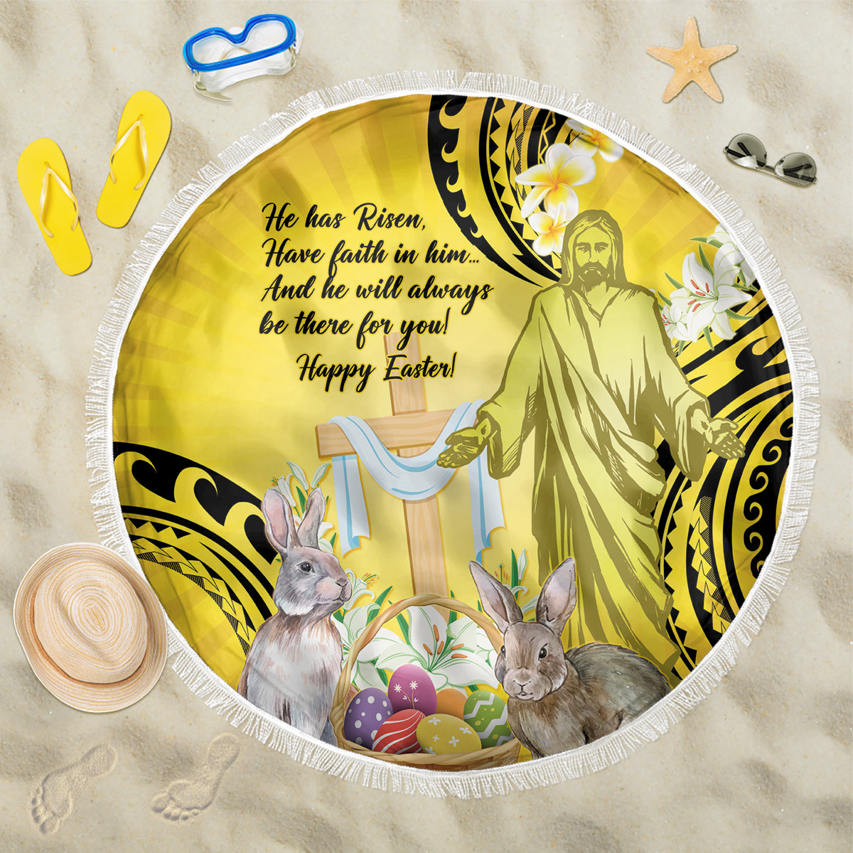 Polynesia Easter Day Beach Blanket He Is Risen Lilium Longiflorum Polynesian Pattern LT14 One Size 150cm Gold - Polynesian Pride
