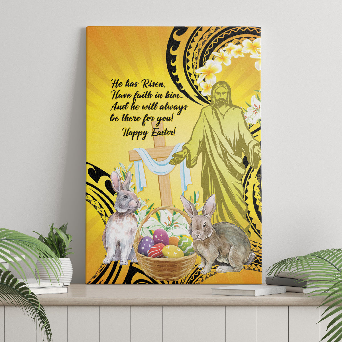 Polynesia Easter Day Canvas Wall Art He Is Risen Lilium Longiflorum Polynesian Pattern LT14 - Polynesian Pride
