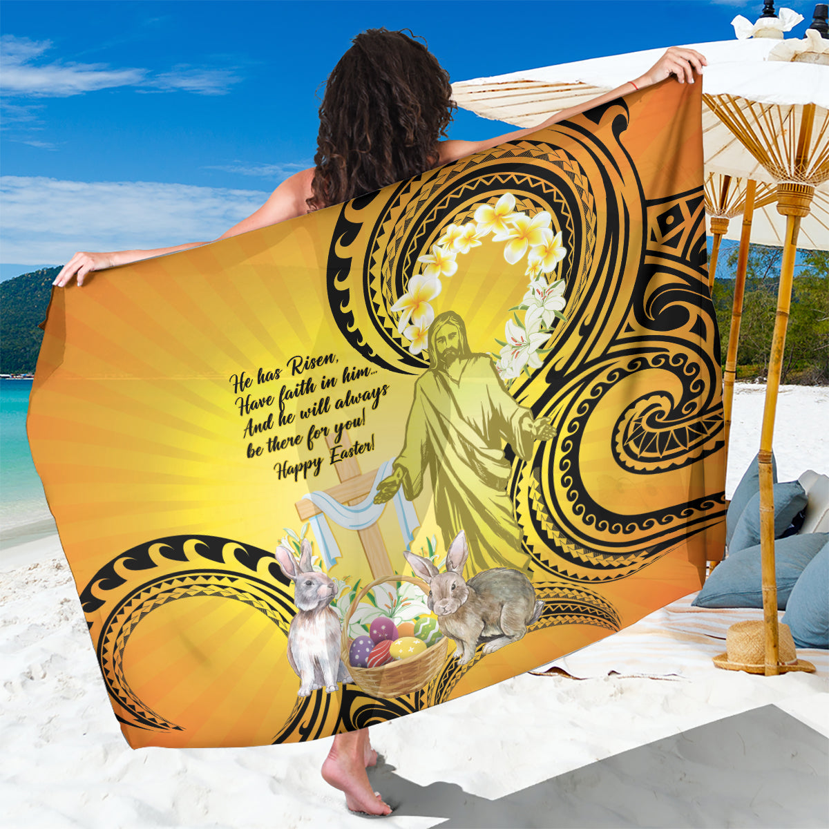 Polynesia Easter Day Sarong He Is Risen Lilium Longiflorum Polynesian Pattern LT14 One Size 44 x 66 inches Gold - Polynesian Pride