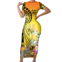 Polynesia Easter Day Short Sleeve Bodycon Dress He Is Risen Lilium Longiflorum Polynesian Pattern LT14 Long Dress Gold - Polynesian Pride