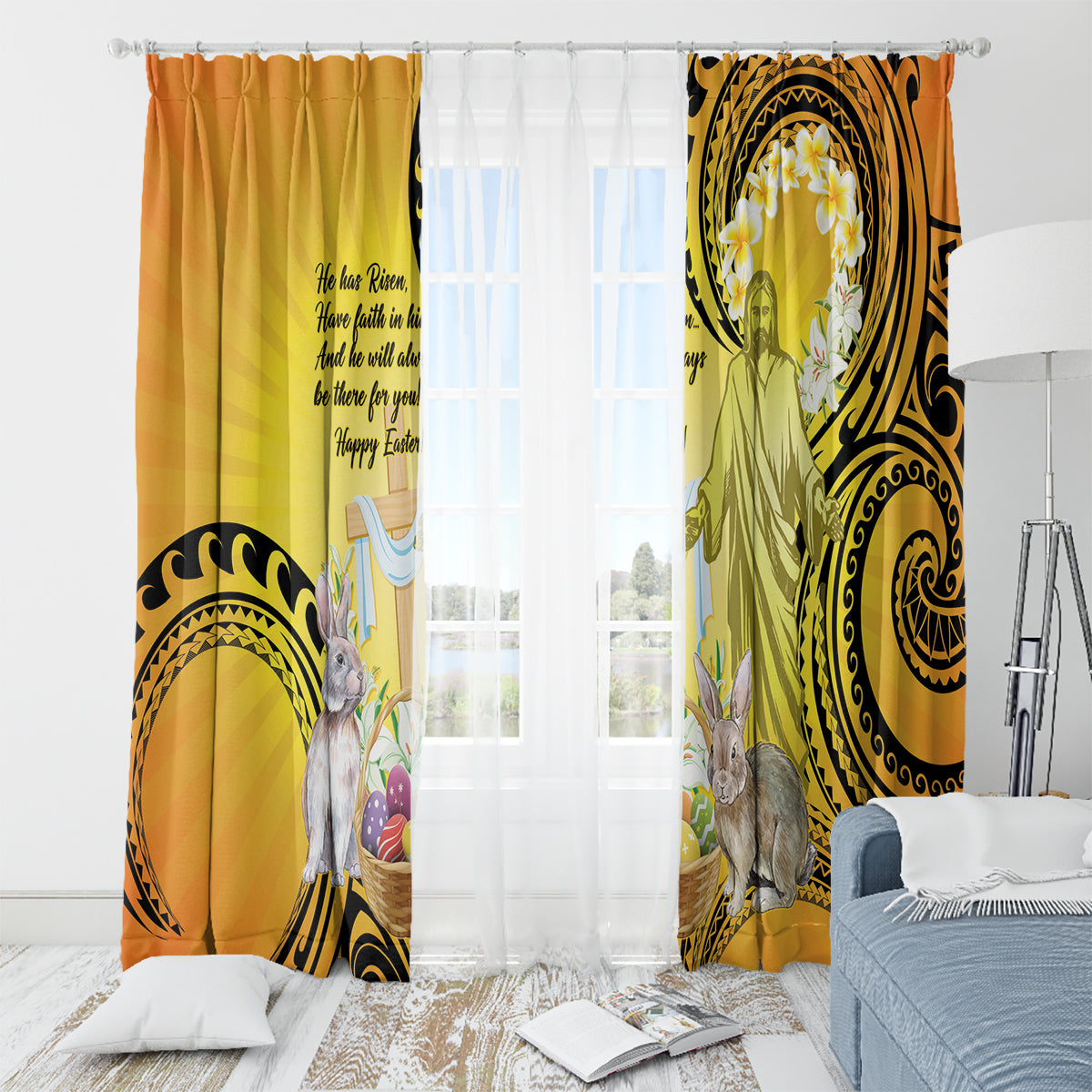 Polynesia Easter Day Window Curtain He Is Risen Lilium Longiflorum Polynesian Pattern LT14 - Polynesian Pride
