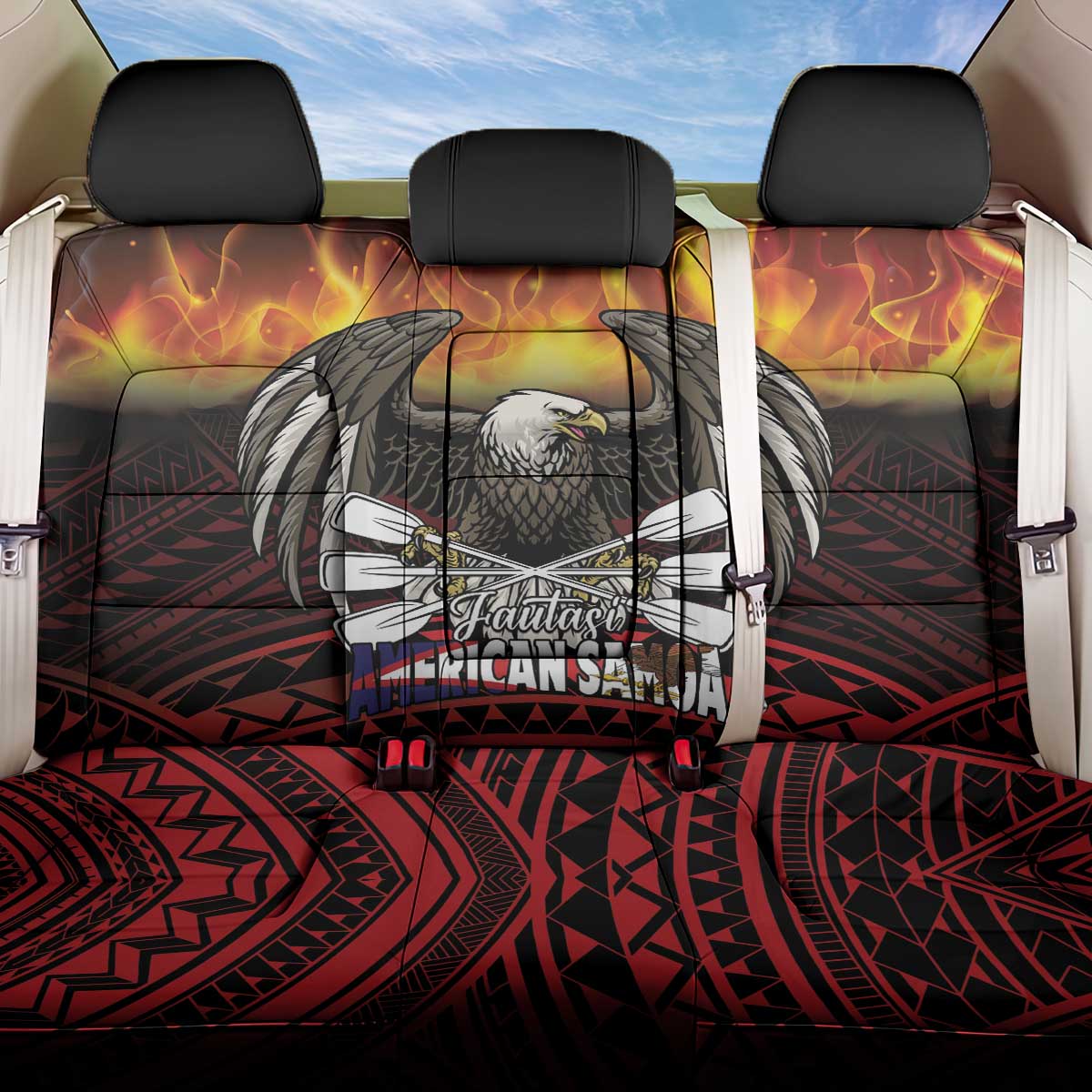 Fautasi Race Day American Samoa Back Car Seat Cover Bald Eagle Polynesian Tattoo LT14 One Size Black - Polynesian Pride