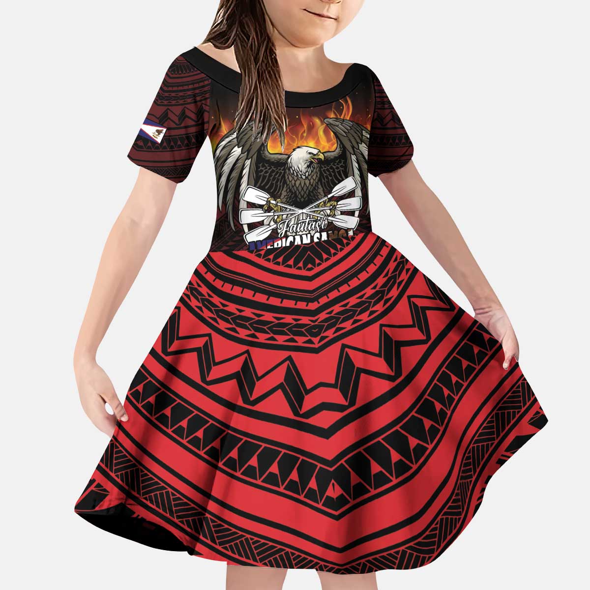 Fautasi Race Day American Samoa Kid Short Sleeve Dress Bald Eagle Polynesian Tattoo LT14 KID Black - Polynesian Pride