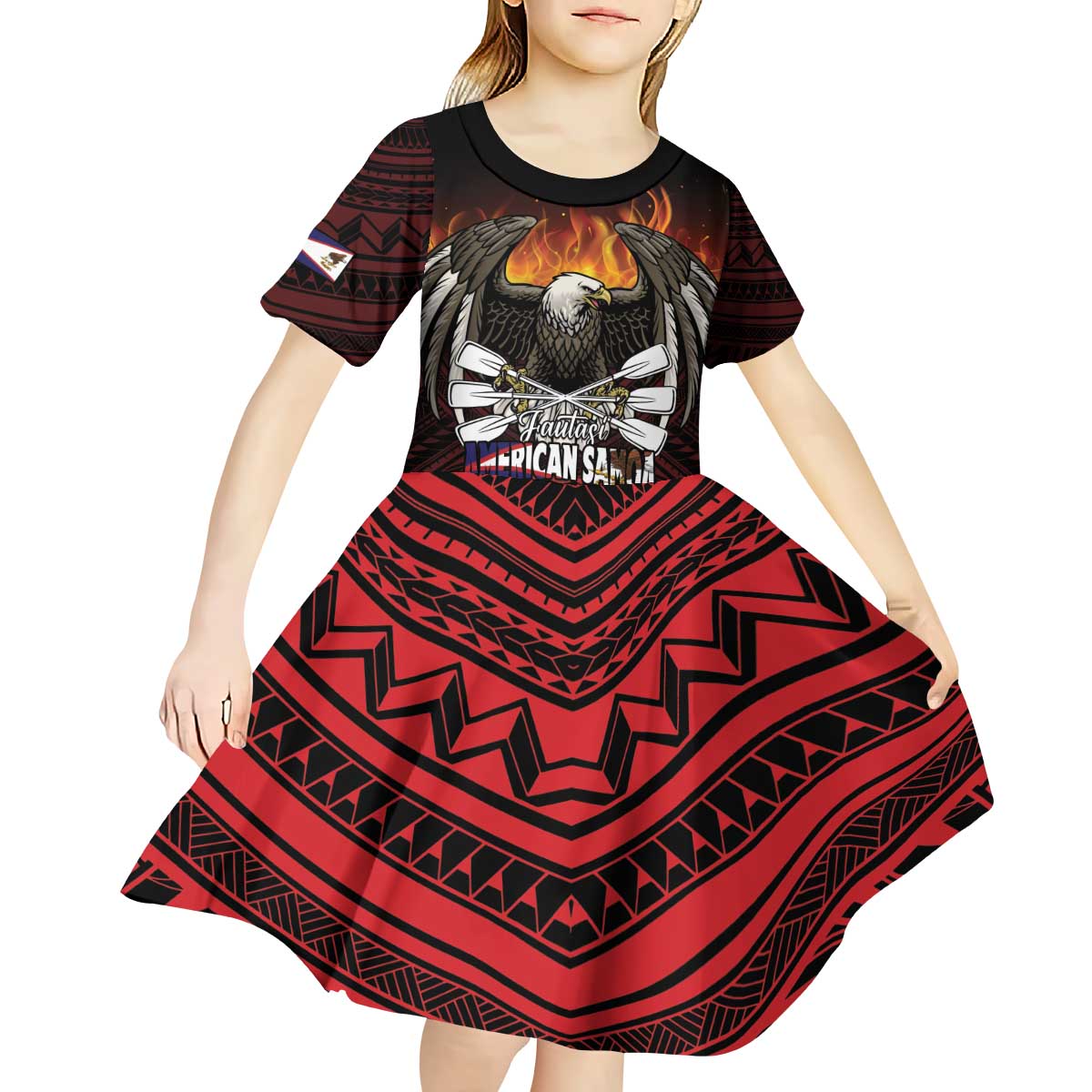 Fautasi Race Day American Samoa Kid Short Sleeve Dress Bald Eagle Polynesian Tattoo LT14 - Polynesian Pride