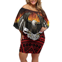 Fautasi Race Day American Samoa Off Shoulder Short Dress Bald Eagle Polynesian Tattoo LT14 Women Black - Polynesian Pride