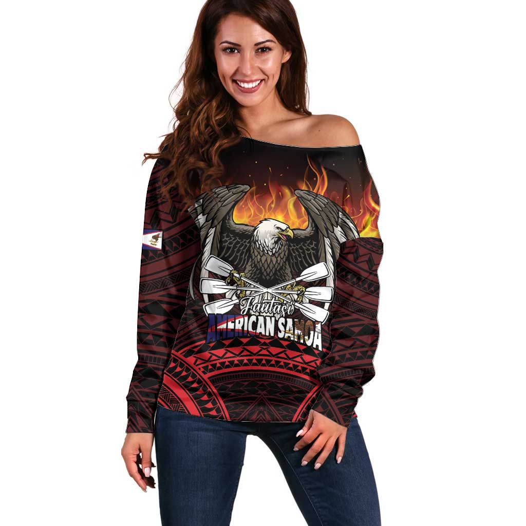 Fautasi Race Day American Samoa Off Shoulder Sweater Bald Eagle Polynesian Tattoo LT14 Women Black - Polynesian Pride