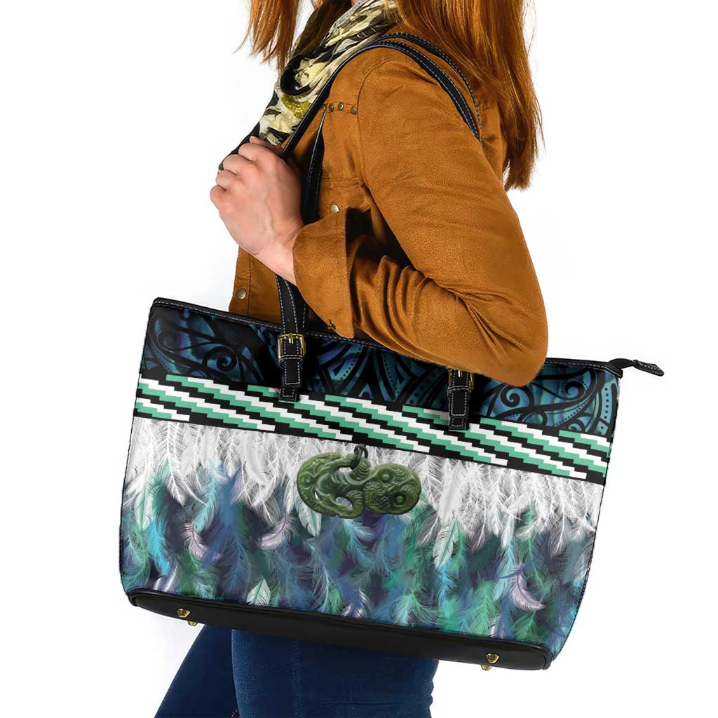 Turquoise Traditional Cloak Aotearoa Leather Tote Bag Maori Paua Shell Korowai Pattern LT14 Turquoise - Polynesian Pride