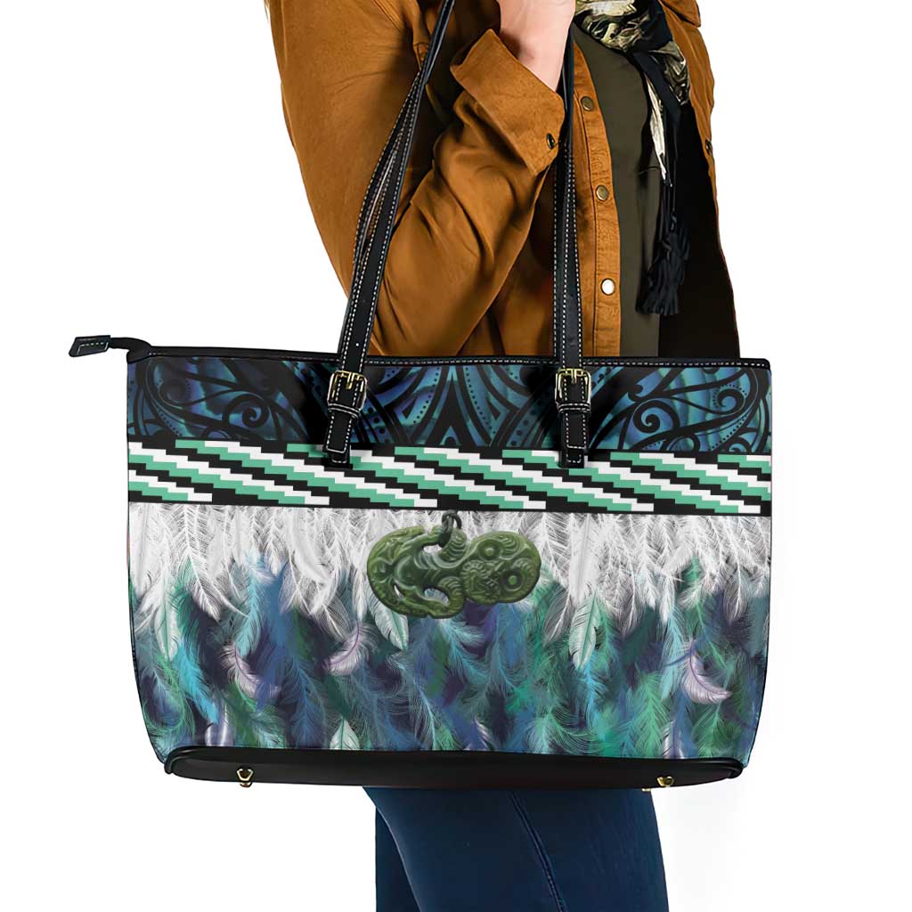 Turquoise Traditional Cloak Aotearoa Leather Tote Bag Maori Paua Shell Korowai Pattern LT14 - Polynesian Pride