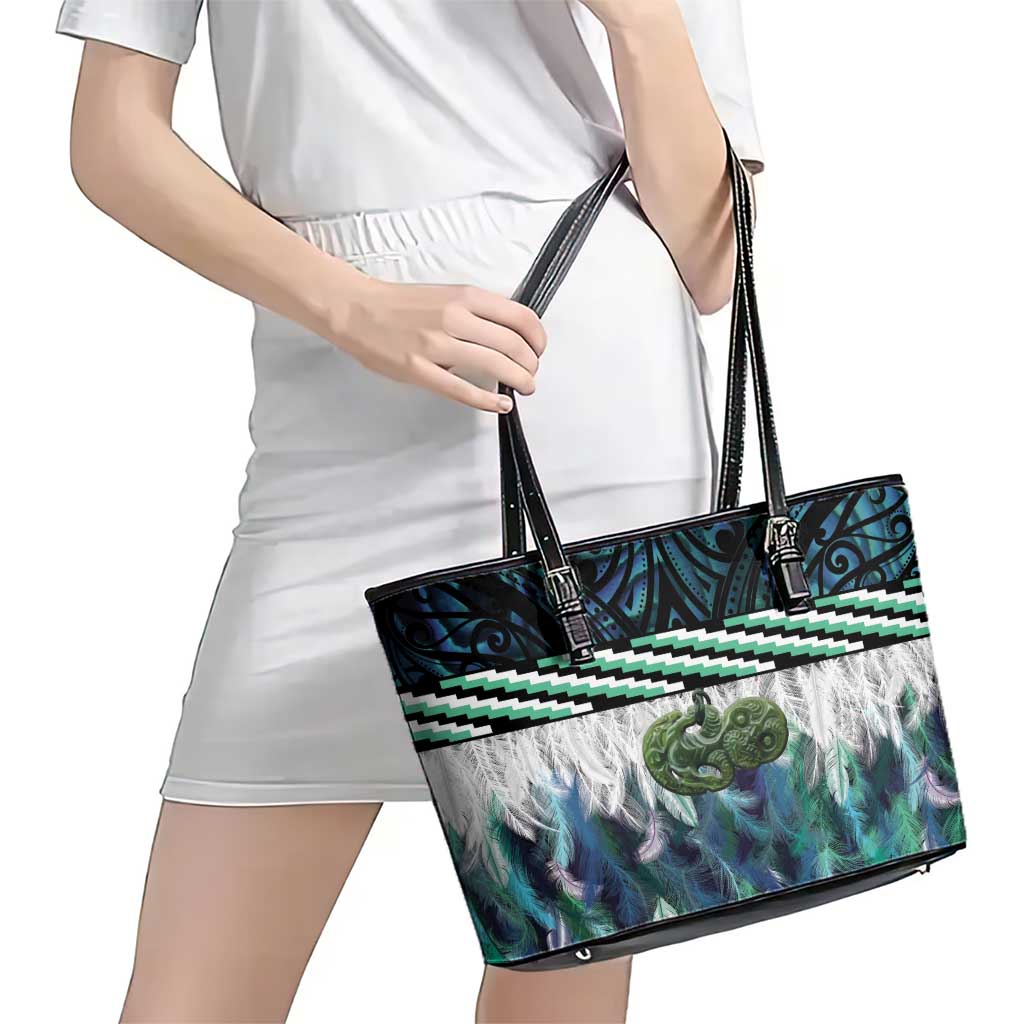 Turquoise Traditional Cloak Aotearoa Leather Tote Bag Maori Paua Shell Korowai Pattern LT14 - Polynesian Pride