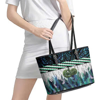 Turquoise Traditional Cloak Aotearoa Leather Tote Bag Maori Paua Shell Korowai Pattern LT14 - Polynesian Pride
