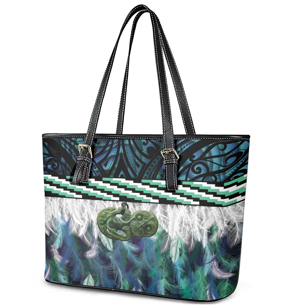 Turquoise Traditional Cloak Aotearoa Leather Tote Bag Maori Paua Shell Korowai Pattern LT14 - Polynesian Pride
