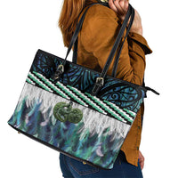 Turquoise Traditional Cloak Aotearoa Leather Tote Bag Maori Paua Shell Korowai Pattern LT14 - Polynesian Pride