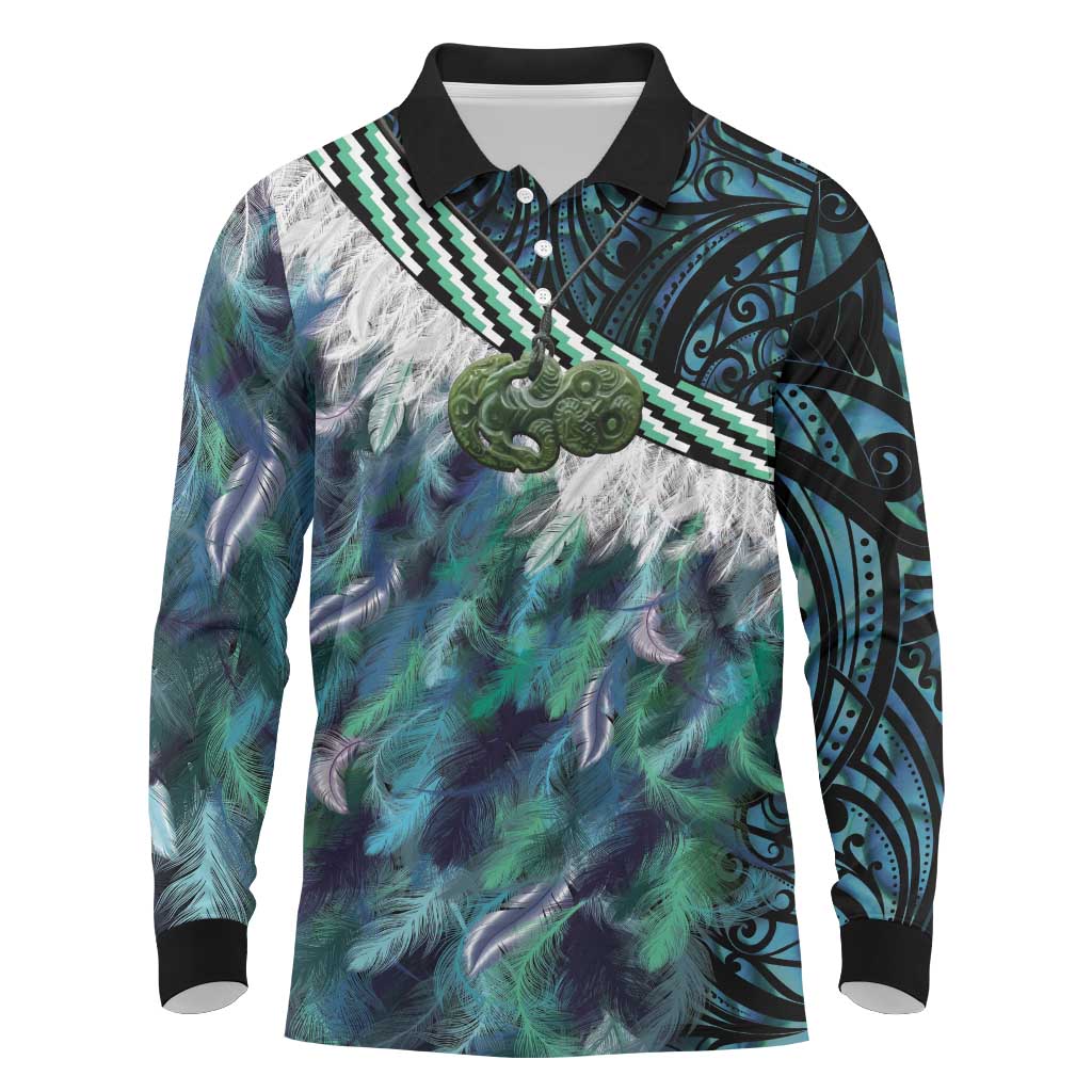 Turquoise Traditional Cloak Aotearoa Long Sleeve Polo Shirt Maori Paua Shell Korowai Pattern LT14 Turquoise - Polynesian Pride