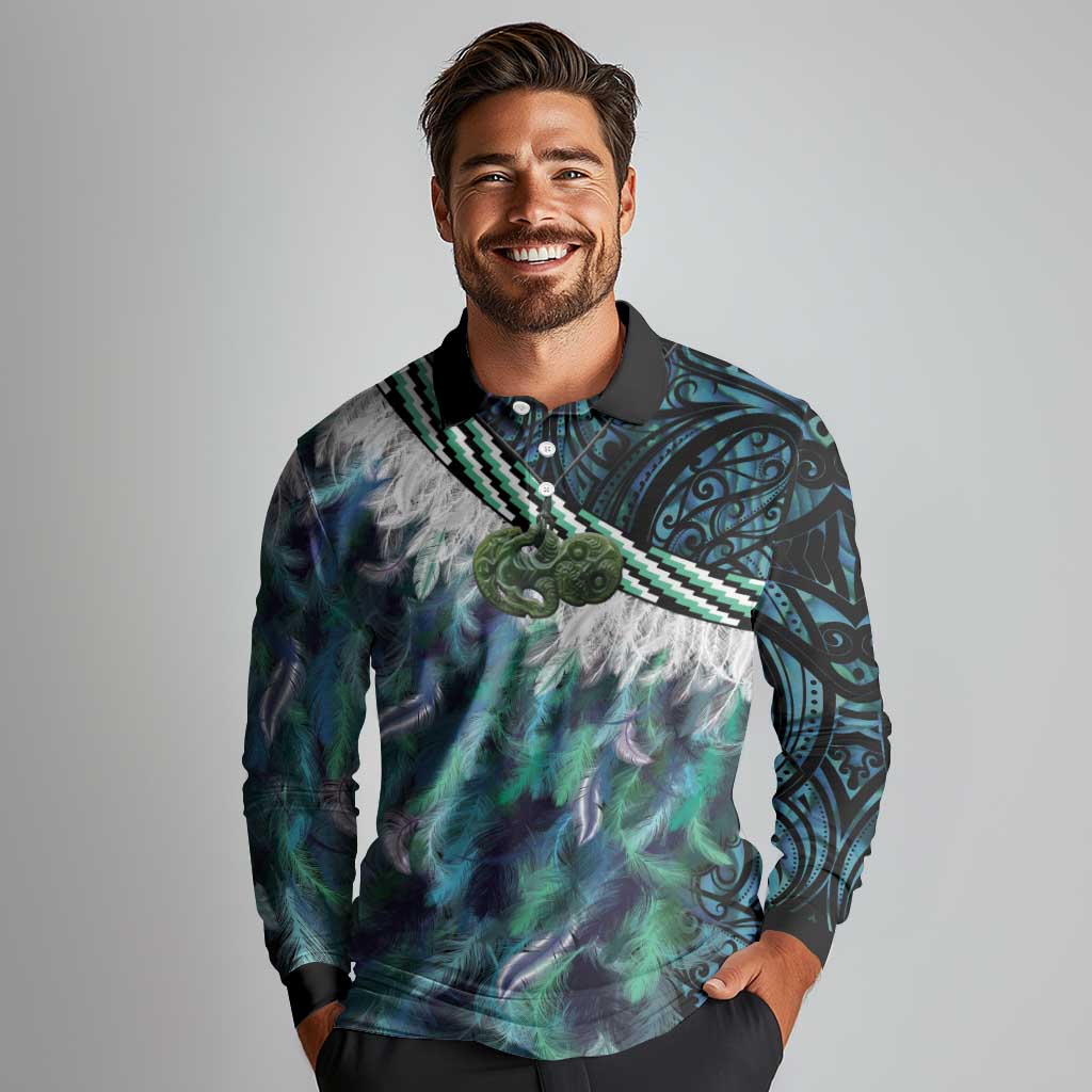 Turquoise Traditional Cloak Aotearoa Long Sleeve Polo Shirt Maori Paua Shell Korowai Pattern LT14 - Polynesian Pride