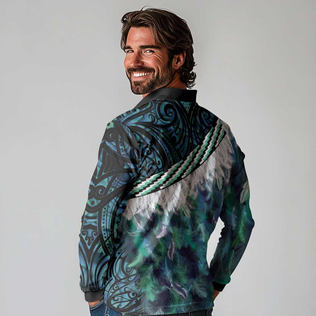 Turquoise Traditional Cloak Aotearoa Long Sleeve Polo Shirt Maori Paua Shell Korowai Pattern LT14 - Polynesian Pride