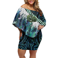 Turquoise Traditional Cloak Aotearoa Off Shoulder Short Dress Maori Paua Shell Korowai Pattern LT14 Women Turquoise - Polynesian Pride