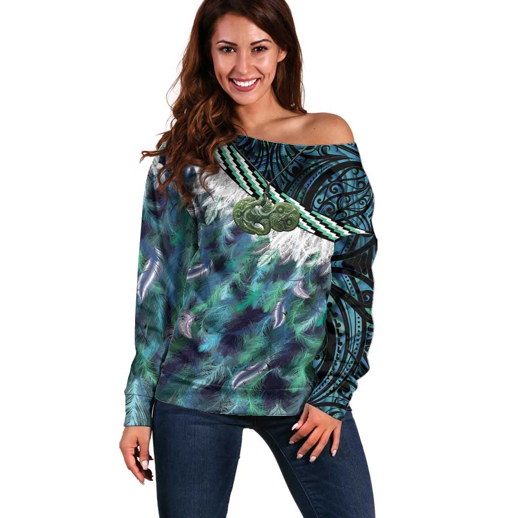 Turquoise Traditional Cloak Aotearoa Off Shoulder Sweater Maori Paua Shell Korowai Pattern LT14 Women Turquoise - Polynesian Pride