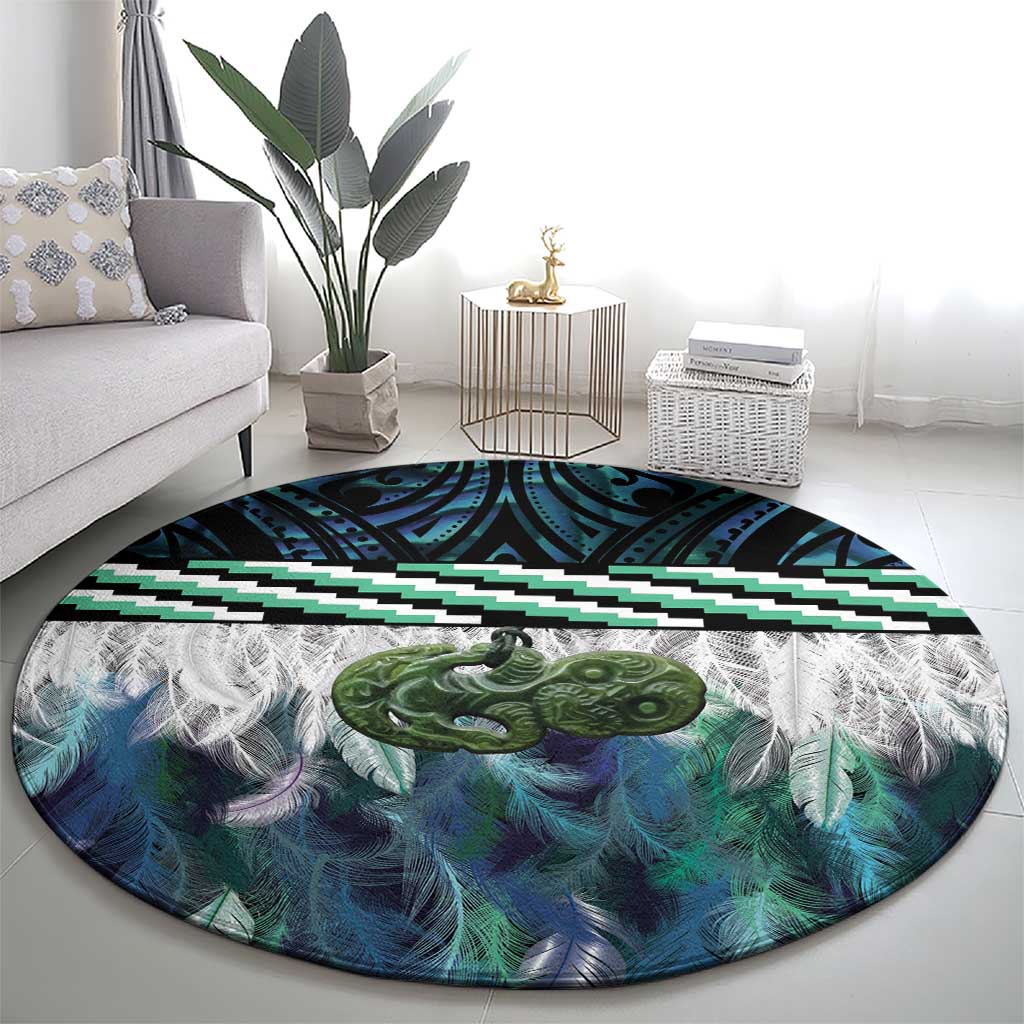 Turquoise Traditional Cloak Aotearoa Round Carpet Maori Paua Shell Korowai Pattern LT14 - Polynesian Pride