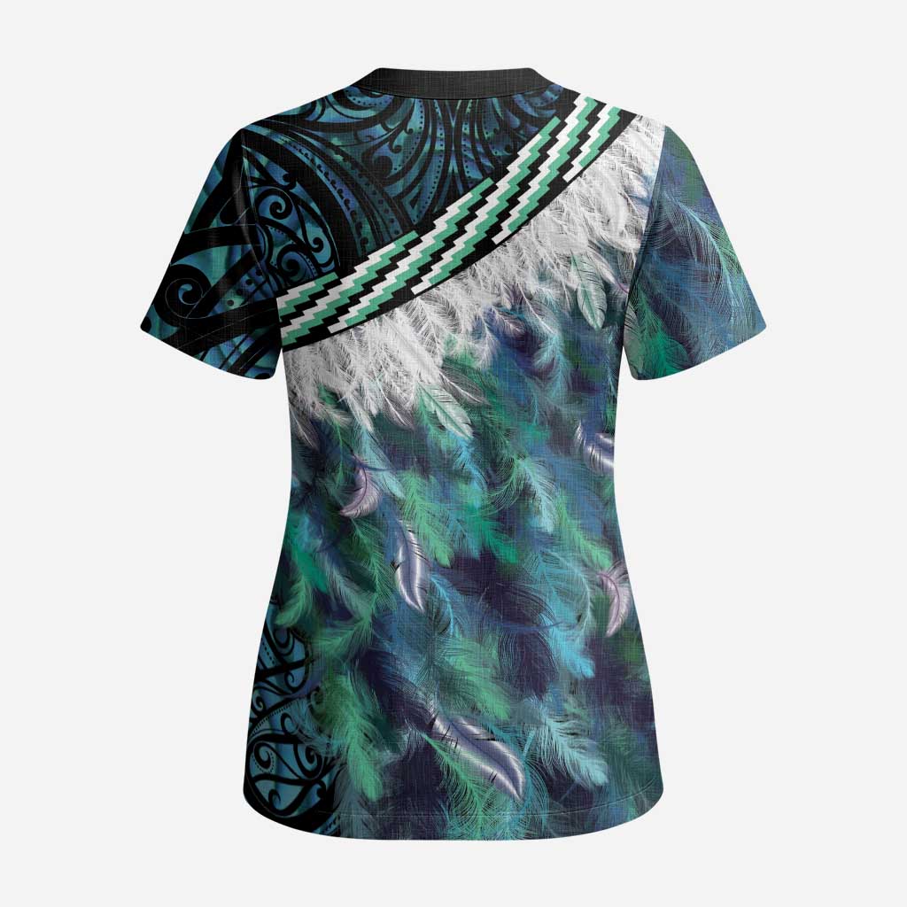 Turquoise Traditional Cloak Aotearoa Scrub Top Maori Paua Shell Korowai Pattern LT14 - Polynesian Pride