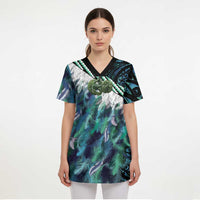 Turquoise Traditional Cloak Aotearoa Scrub Top Maori Paua Shell Korowai Pattern LT14 - Polynesian Pride