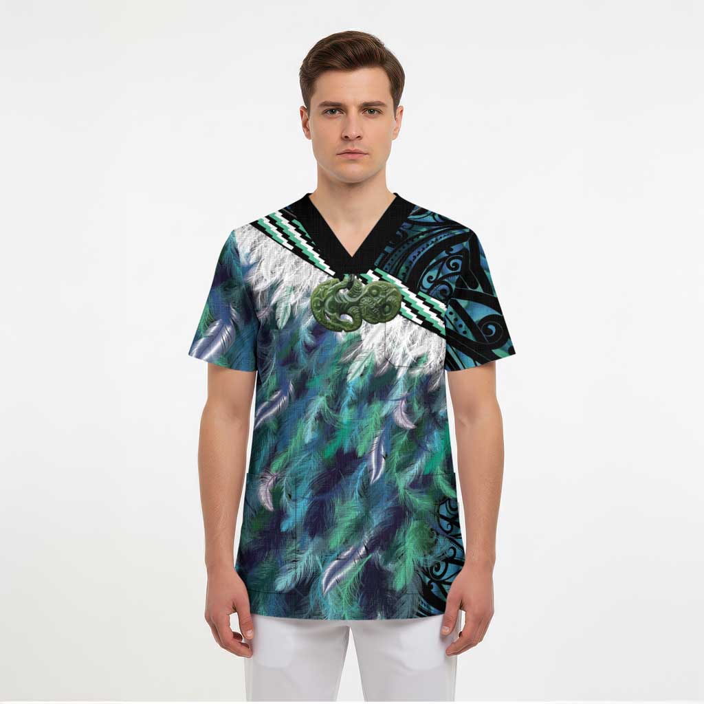 Turquoise Traditional Cloak Aotearoa Scrub Top Maori Paua Shell Korowai Pattern LT14 - Polynesian Pride