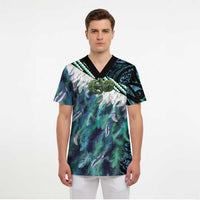 Turquoise Traditional Cloak Aotearoa Scrub Top Maori Paua Shell Korowai Pattern LT14 - Polynesian Pride