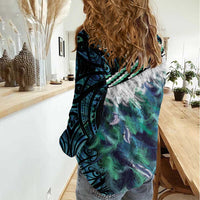 Turquoise Traditional Cloak Aotearoa Women Casual Shirt Maori Paua Shell Korowai Pattern LT14 - Polynesian Pride