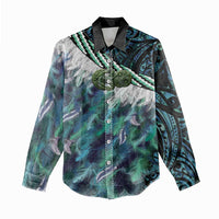 Turquoise Traditional Cloak Aotearoa Women Casual Shirt Maori Paua Shell Korowai Pattern LT14 - Polynesian Pride