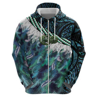 Turquoise Traditional Cloak Aotearoa Zip Hoodie Maori Paua Shell Korowai Pattern LT14 - Polynesian Pride