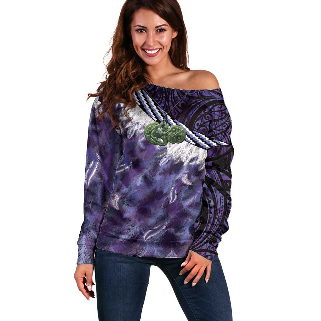 Purple Traditional Cloak Aotearoa Off Shoulder Sweater Maori Paua Shell Korowai Pattern LT14 Women Purple - Polynesian Pride