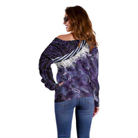Purple Traditional Cloak Aotearoa Off Shoulder Sweater Maori Paua Shell Korowai Pattern LT14 - Polynesian Pride