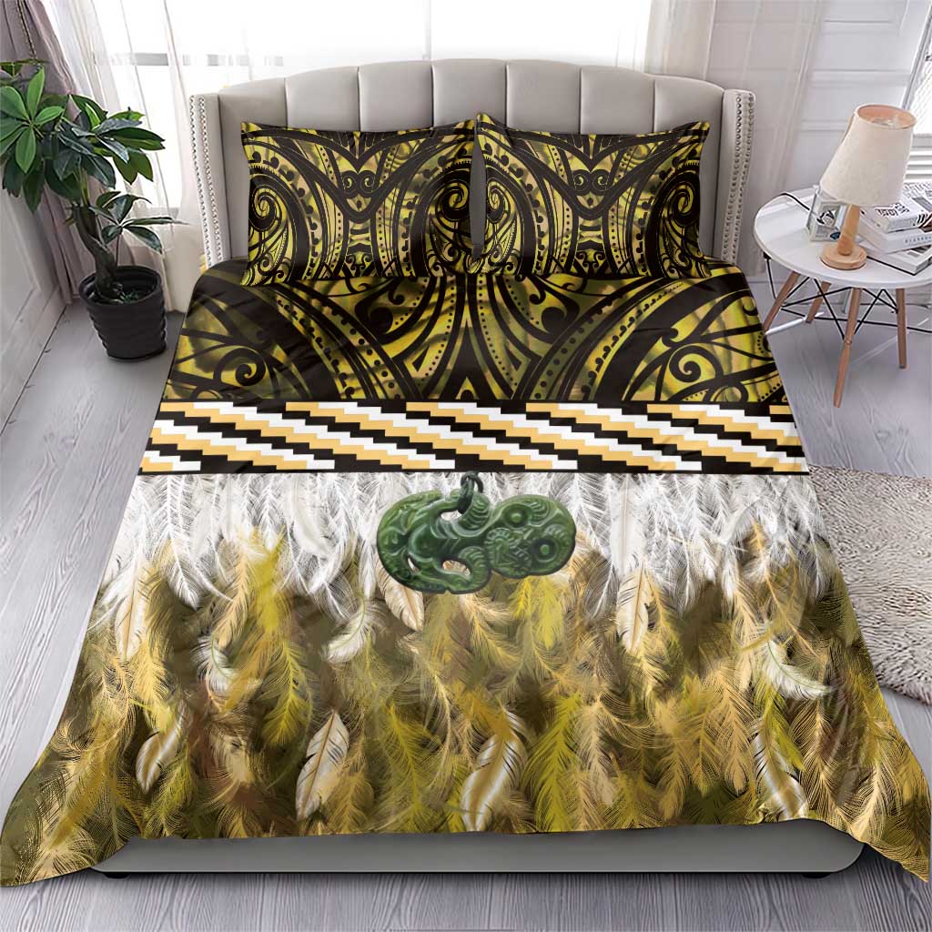 Yellow Traditional Cloak Aotearoa Bedding Set Maori Paua Shell Korowai Pattern LT14 - Polynesian Pride