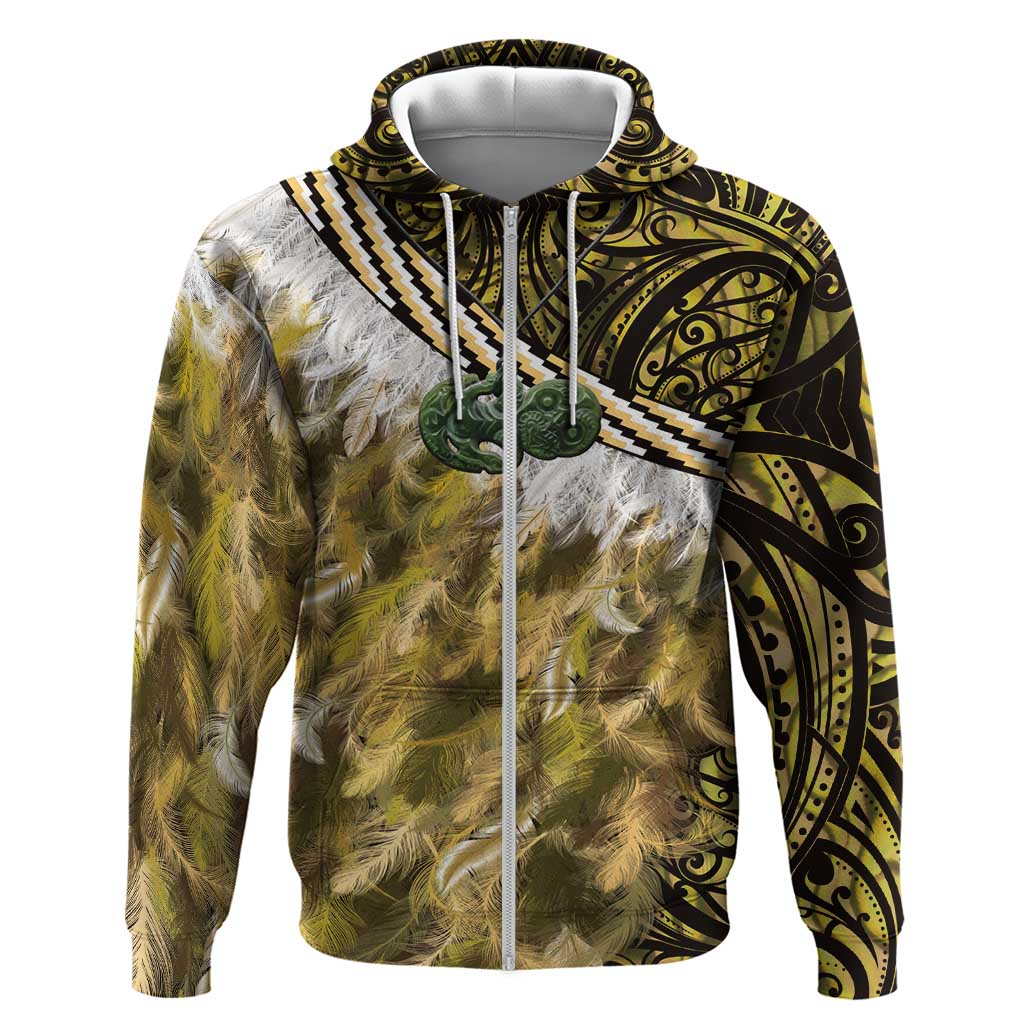 Yellow Traditional Cloak Aotearoa Hoodie Maori Paua Shell Korowai Pattern LT14 Zip Hoodie Yellow - Polynesian Pride
