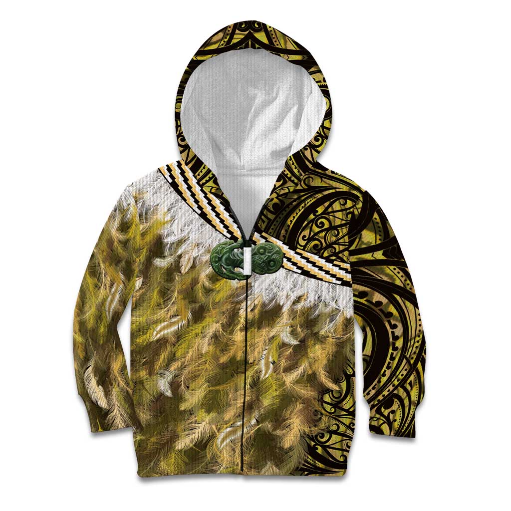Yellow Traditional Cloak Aotearoa Kid Hoodie Maori Paua Shell Korowai Pattern LT14 Zip Hoodie Yellow - Polynesian Pride