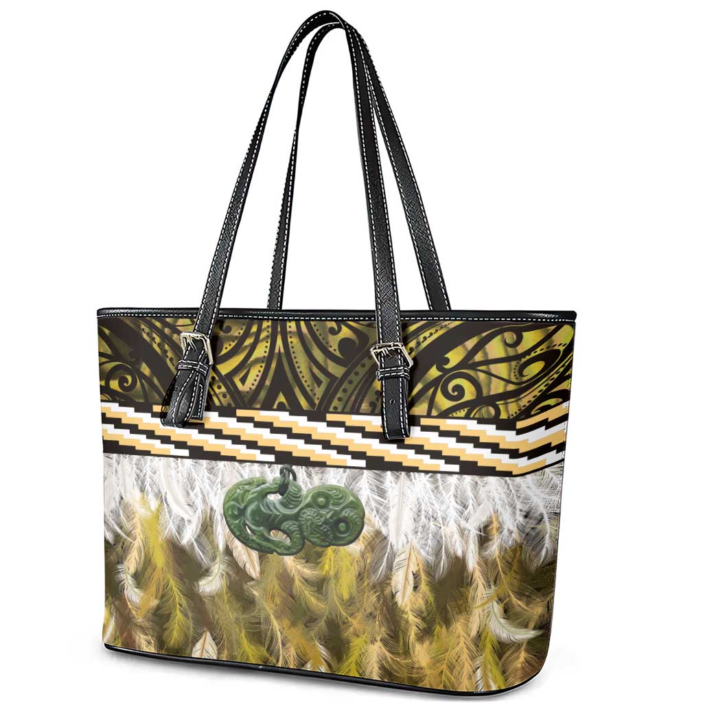 Yellow Traditional Cloak Aotearoa Leather Tote Bag Maori Paua Shell Korowai Pattern LT14 - Polynesian Pride