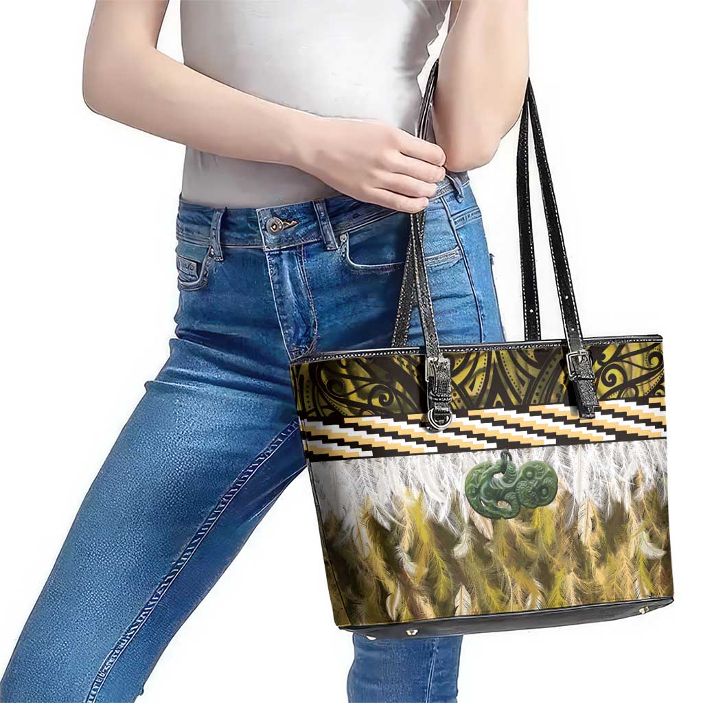 Yellow Traditional Cloak Aotearoa Leather Tote Bag Maori Paua Shell Korowai Pattern LT14 - Polynesian Pride