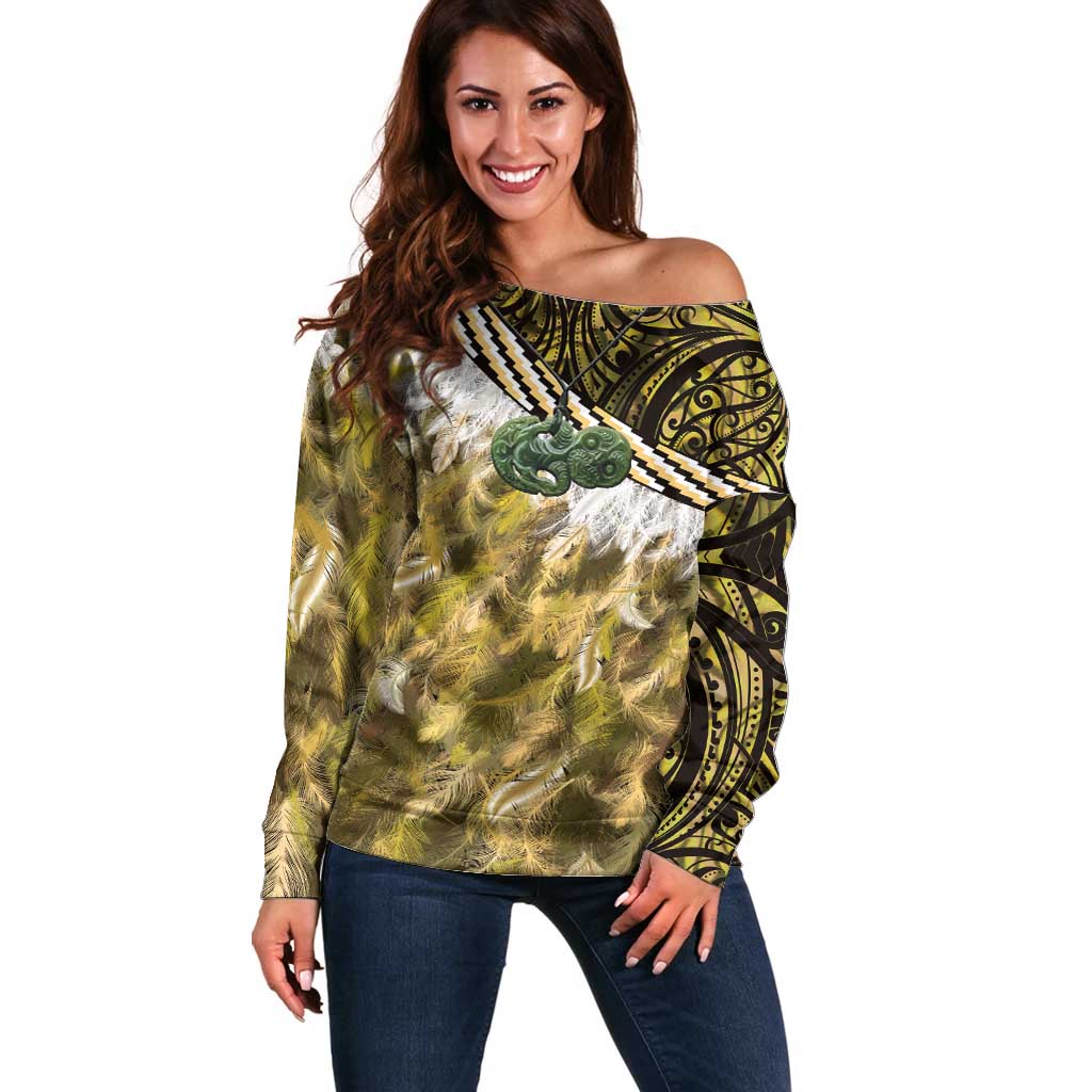 Yellow Traditional Cloak Aotearoa Off Shoulder Sweater Maori Paua Shell Korowai Pattern LT14 Women Yellow - Polynesian Pride