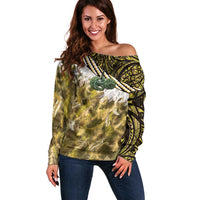 Yellow Traditional Cloak Aotearoa Off Shoulder Sweater Maori Paua Shell Korowai Pattern LT14 Women Yellow - Polynesian Pride