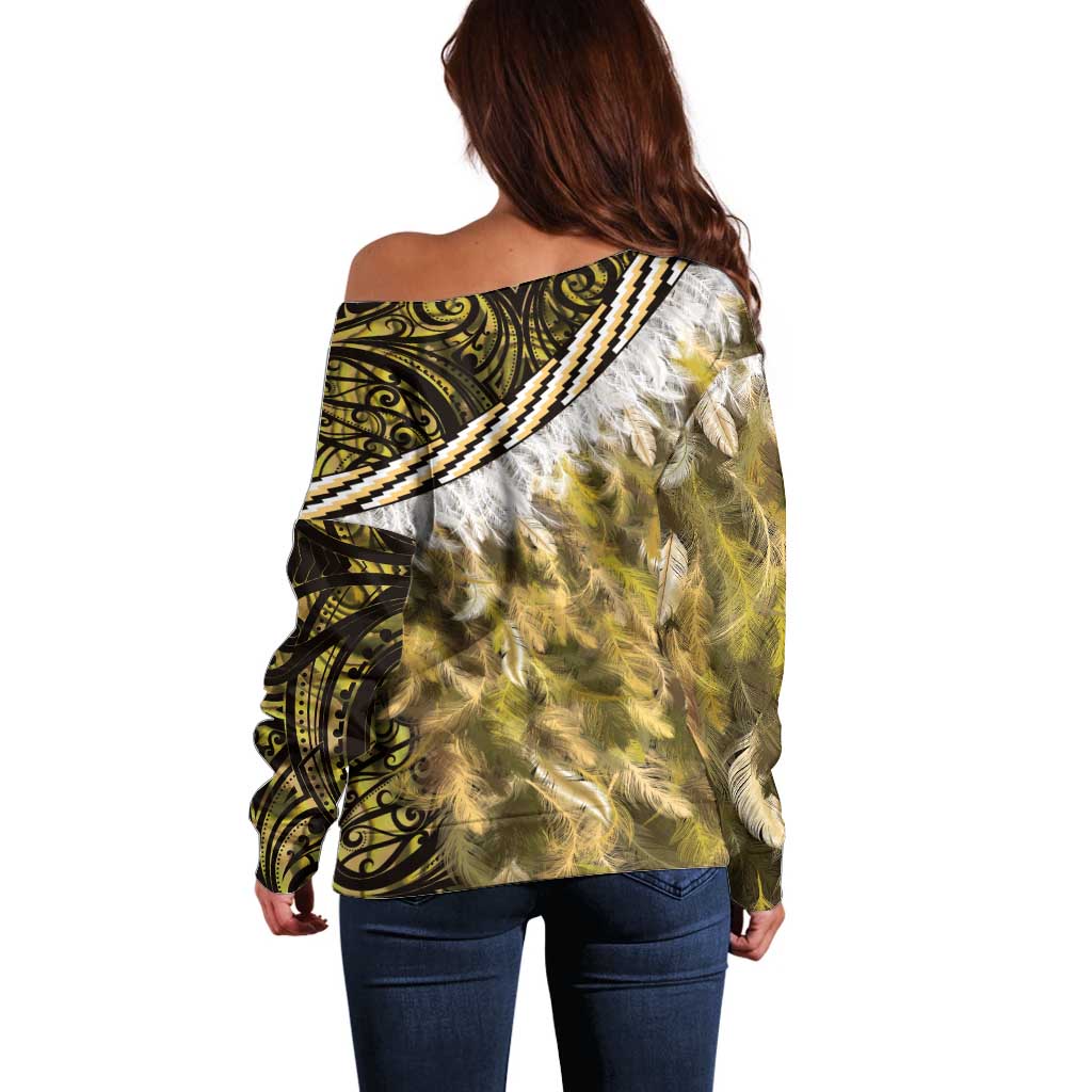 Yellow Traditional Cloak Aotearoa Off Shoulder Sweater Maori Paua Shell Korowai Pattern LT14 - Polynesian Pride