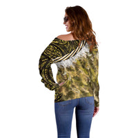 Yellow Traditional Cloak Aotearoa Off Shoulder Sweater Maori Paua Shell Korowai Pattern LT14 - Polynesian Pride