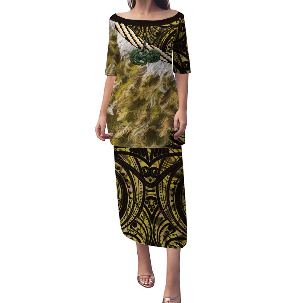 Yellow Traditional Cloak Aotearoa Puletasi Maori Paua Shell Korowai Pattern LT14 Long Dress Yellow - Polynesian Pride