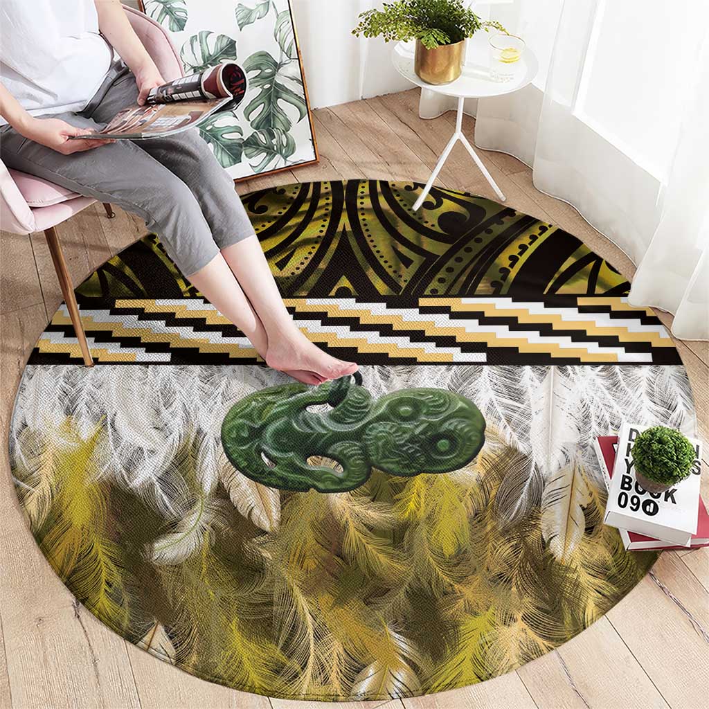 Yellow Traditional Cloak Aotearoa Round Carpet Maori Paua Shell Korowai Pattern LT14 - Polynesian Pride