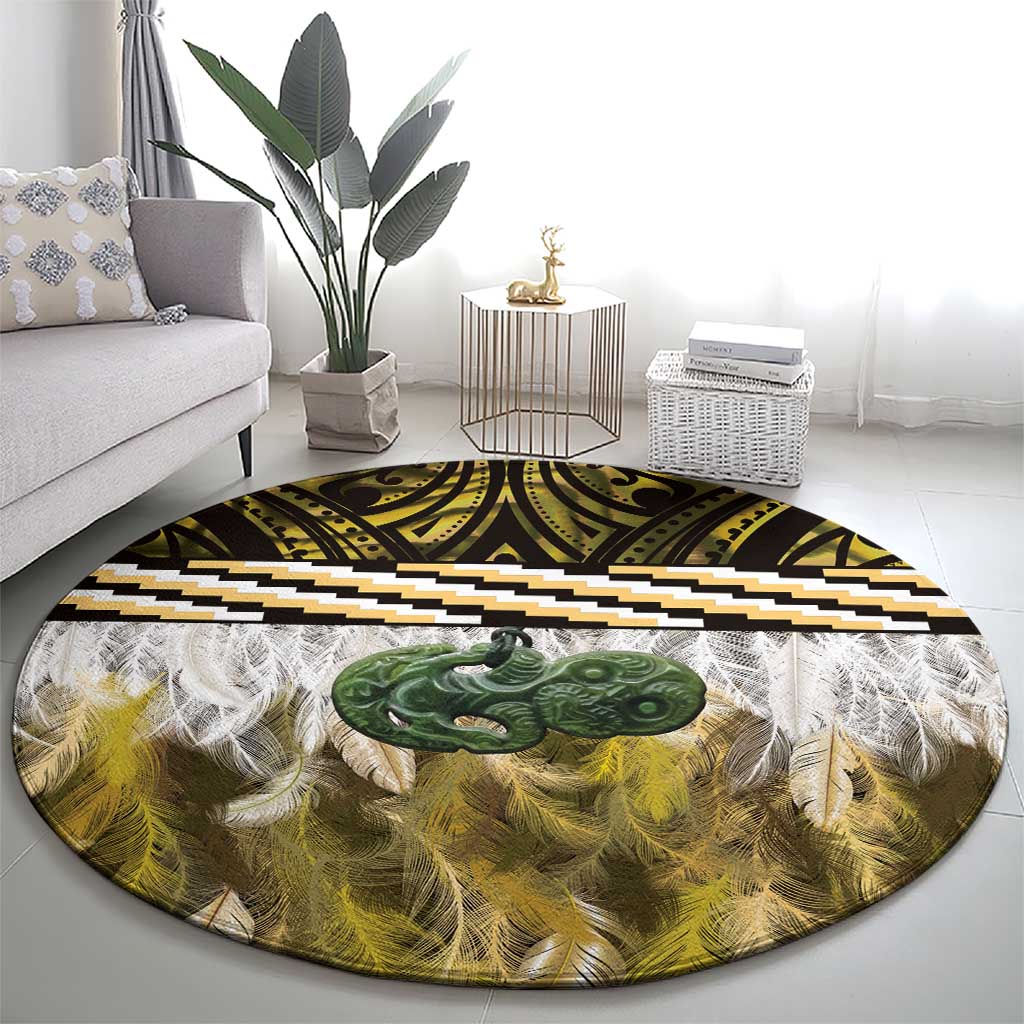 Yellow Traditional Cloak Aotearoa Round Carpet Maori Paua Shell Korowai Pattern LT14 - Polynesian Pride