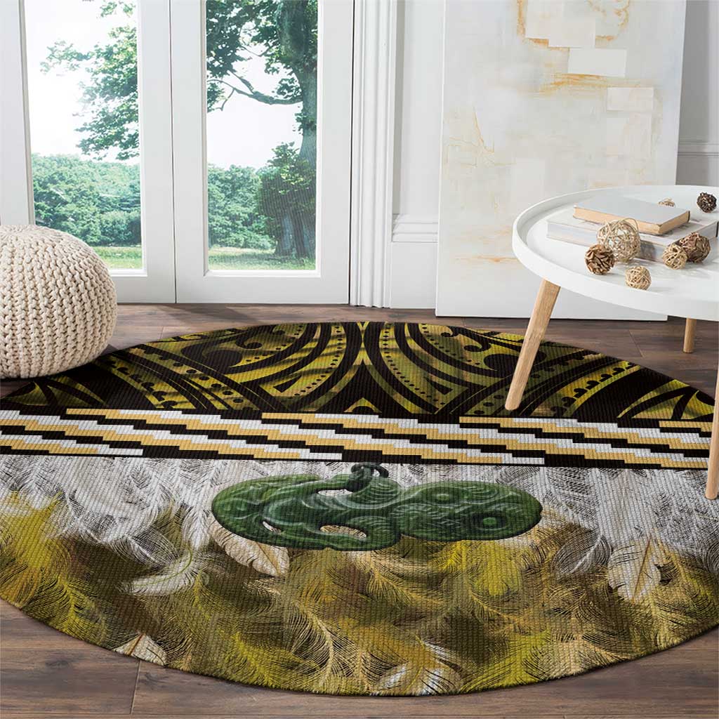 Yellow Traditional Cloak Aotearoa Round Carpet Maori Paua Shell Korowai Pattern LT14 - Polynesian Pride